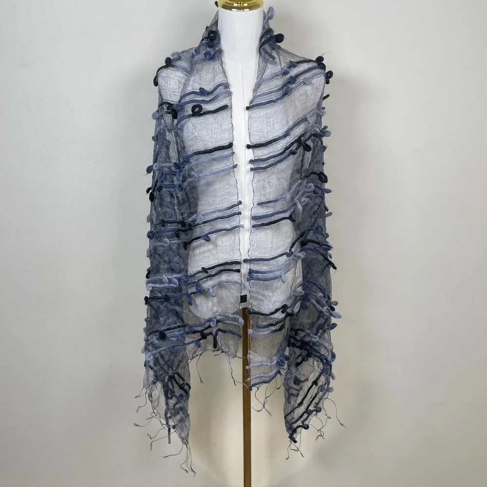 Borsel Imports Silk Blend Felted Sheer Scarf Womens Gray Blue Textured Wrap